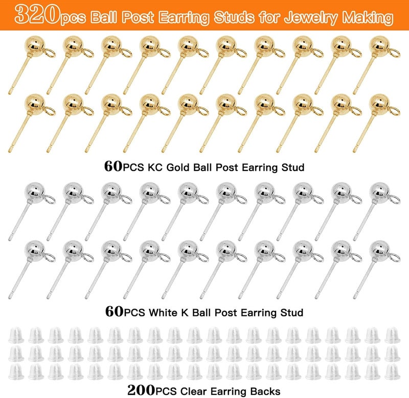 Oubaka 120Pcs Hypoallergenic Ball Studs for Jewelry Making,Round Ball Earring Posts Balls Post Earring Studs with Loop and 200Pcs Clear Earring Backs for DIY Jewelry Making(KC Gold and White K) - Image 2